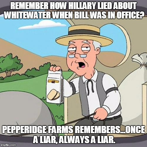 Pepperidge Farm Remembers | REMEMBER HOW HILLARY LIED ABOUT WHITEWATER WHEN BILL WAS IN OFFICE? PEPPERIDGE FARMS REMEMBERS...ONCE A LIAR, ALWAYS A LIAR. | image tagged in memes,pepperidge farm remembers,AdviceAnimals | made w/ Imgflip meme maker