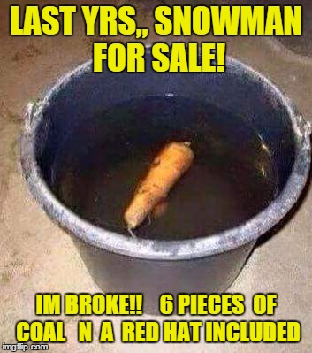 snowman for sale | LAST YRS,, SNOWMAN FOR SALE! IM BROKE!!    6 PIECES  OF COAL   N  A  RED HAT INCLUDED | image tagged in funny memes | made w/ Imgflip meme maker