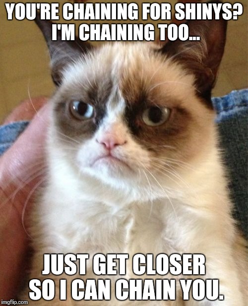 Grumpy Cat | YOU'RE CHAINING FOR SHINYS? I'M CHAINING TOO... JUST GET CLOSER SO I CAN CHAIN YOU. | image tagged in memes,grumpy cat | made w/ Imgflip meme maker