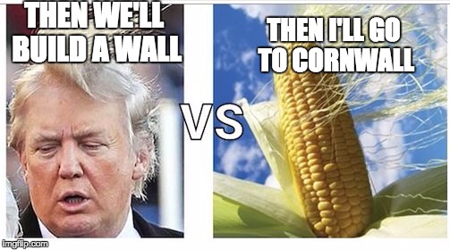 Trump v Corn | THEN WE'LL BUILD A WALL THEN I'LL GO TO CORNWALL | image tagged in trump v corn | made w/ Imgflip meme maker