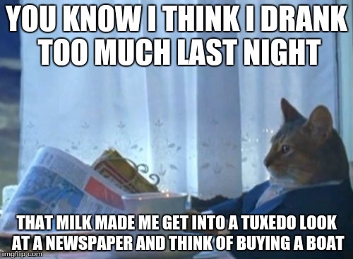 I Should Buy A Boat Cat | YOU KNOW I THINK I DRANK TOO MUCH LAST NIGHT THAT MILK MADE ME GET INTO A TUXEDO LOOK AT A NEWSPAPER AND THINK OF BUYING A BOAT | image tagged in memes,i should buy a boat cat | made w/ Imgflip meme maker