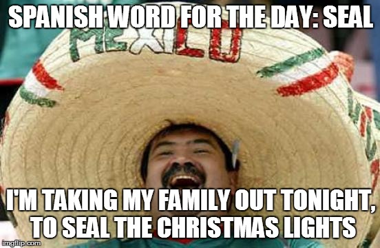 Happy Mexican | SPANISH WORD FOR THE DAY: SEAL I'M TAKING MY FAMILY OUT TONIGHT, TO SEAL THE CHRISTMAS LIGHTS | image tagged in happy mexican | made w/ Imgflip meme maker