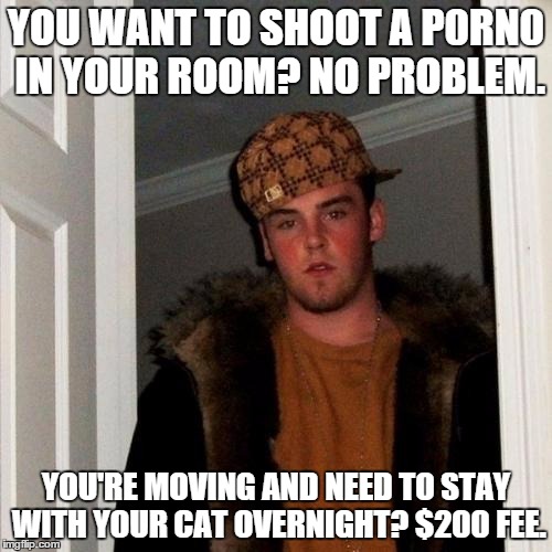 Scumbag hotel policy worried about "cleaning up" after an animal that compulsively cleans itself. | YOU WANT TO SHOOT A P0RN0 IN YOUR ROOM? NO PROBLEM. YOU'RE MOVING AND NEED TO STAY WITH YOUR CAT OVERNIGHT? $200 FEE. | image tagged in memes,scumbag steve | made w/ Imgflip meme maker