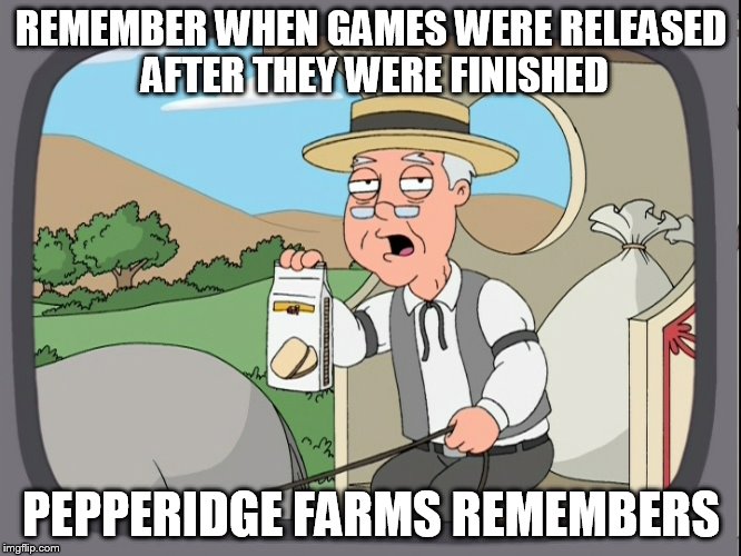 REMEMBER WHEN GAMES WERE RELEASED AFTER THEY WERE FINISHED PEPPERIDGE FARMS REMEMBERS | image tagged in pepperidge farm remembers,pepperidge farms remembers | made w/ Imgflip meme maker