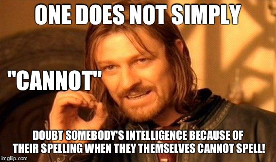 One Does Not Simply Meme | ONE DOES NOT SIMPLY DOUBT SOMEBODY'S INTELLIGENCE BECAUSE OF THEIR SPELLING WHEN THEY THEMSELVES CANNOT SPELL! "CANNOT" | image tagged in memes,one does not simply | made w/ Imgflip meme maker