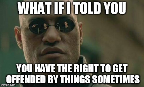 Sometimes there's a good reason to get offended. Many people these days don't seem to realize that | WHAT IF I TOLD YOU YOU HAVE THE RIGHT TO GET OFFENDED BY THINGS SOMETIMES | image tagged in memes,matrix morpheus | made w/ Imgflip meme maker