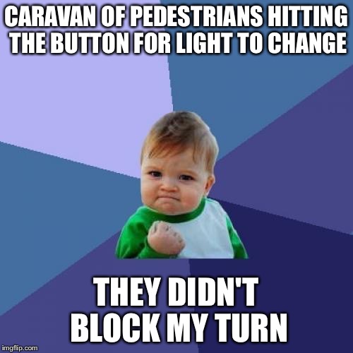 Success Kid | CARAVAN OF PEDESTRIANS HITTING THE BUTTON FOR LIGHT TO CHANGE THEY DIDN'T BLOCK MY TURN | image tagged in memes,success kid | made w/ Imgflip meme maker