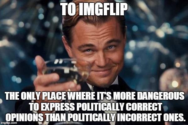 Leonardo Dicaprio Cheers Meme | TO IMGFLIP THE ONLY PLACE WHERE IT'S MORE DANGEROUS TO EXPRESS POLITICALLY CORRECT OPINIONS THAN POLITICALLY INCORRECT ONES. | image tagged in memes,leonardo dicaprio cheers | made w/ Imgflip meme maker