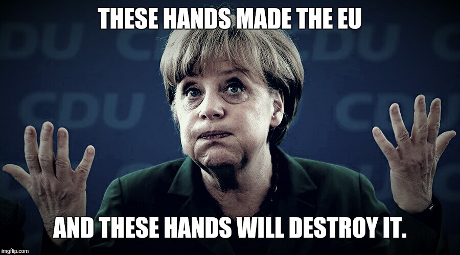 THESE HANDS MADE THE EU AND THESE HANDS WILL DESTROY IT. | image tagged in mad merkal | made w/ Imgflip meme maker