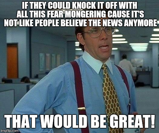 That Would Be Great | IF THEY COULD KNOCK IT OFF WITH ALL THIS FEAR MONGERING CAUSE IT'S NOT LIKE PEOPLE BELIEVE THE NEWS ANYMORE THAT WOULD BE GREAT! | image tagged in memes,that would be great | made w/ Imgflip meme maker