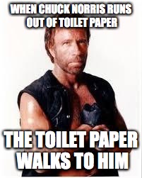 When Chuck Norris needs toilet paper...  | WHEN CHUCK NORRIS RUNS OUT OF TOILET PAPER THE TOILET PAPER WALKS TO HIM | image tagged in chuck norris | made w/ Imgflip meme maker