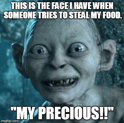 Gollum Meme | THIS IS THE FACE I HAVE WHEN SOMEONE TRIES TO STEAL MY FOOD. "MY PRECIOUS!!" | image tagged in memes,gollum | made w/ Imgflip meme maker