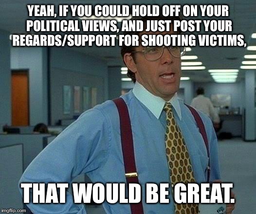 That Would Be Great Meme | YEAH, IF YOU COULD HOLD OFF ON YOUR POLITICAL VIEWS, AND JUST POST YOUR REGARDS/SUPPORT FOR SHOOTING VICTIMS, THAT WOULD BE GREAT. | image tagged in memes,that would be great | made w/ Imgflip meme maker
