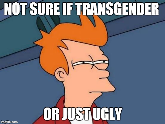 Futurama Fry | NOT SURE IF TRANSGENDER OR JUST UGLY | image tagged in memes,futurama fry | made w/ Imgflip meme maker