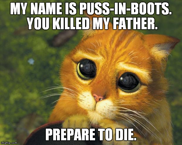 puss in boots | MY NAME IS PUSS-IN-BOOTS. YOU KILLED MY FATHER. PREPARE TO DIE. | image tagged in puss in boots | made w/ Imgflip meme maker