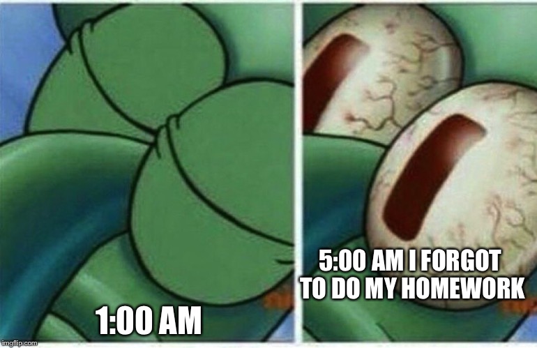 Squidward | 5:00 AM I FORGOT TO DO MY HOMEWORK 1:00 AM | image tagged in squidward | made w/ Imgflip meme maker