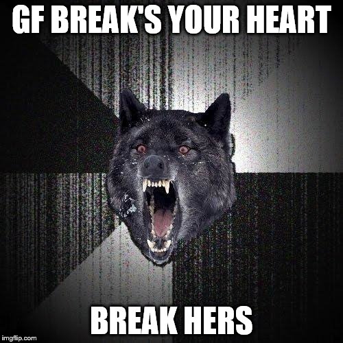 Insanity Wolf Meme | GF BREAK'S YOUR HEART BREAK HERS | image tagged in memes,insanity wolf | made w/ Imgflip meme maker