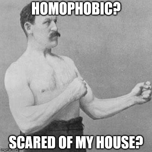 over manly man | HOMOPHOBIC? SCARED OF MY HOUSE? | image tagged in over manly man | made w/ Imgflip meme maker