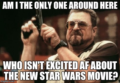 Non-Nerdpocalypse victims be like... | AM I THE ONLY ONE AROUND HERE WHO ISN'T EXCITED AF ABOUT THE NEW STAR WARS MOVIE? | image tagged in memes,am i the only one around here,star wars,star wars the force awakens | made w/ Imgflip meme maker
