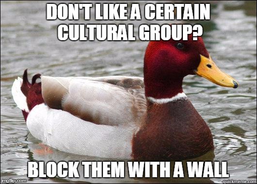 make actual bad advice mallard | DON'T LIKE A CERTAIN CULTURAL GROUP? BLOCK THEM WITH A WALL | image tagged in make actual bad advice mallard | made w/ Imgflip meme maker