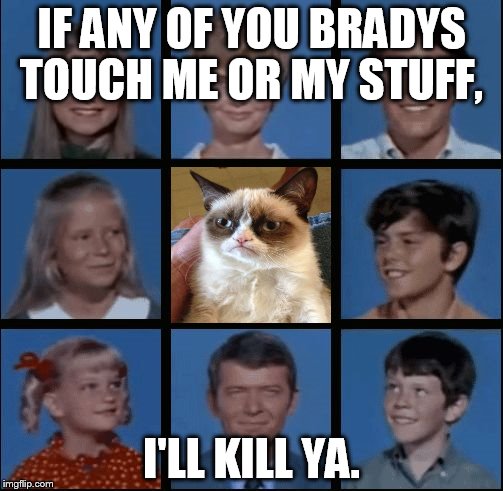 If any of  you homos call me Francis.. I'll kill ya. | IF ANY OF YOU BRADYS TOUCH ME OR MY STUFF, I'LL KILL YA. | image tagged in bradys,memes,funny,the brady bunch,grumpy cat | made w/ Imgflip meme maker