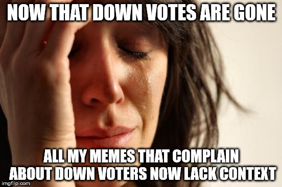 First World Problems | NOW THAT DOWN VOTES ARE GONE ALL MY MEMES THAT COMPLAIN ABOUT DOWN VOTERS NOW LACK CONTEXT | image tagged in memes,first world problems | made w/ Imgflip meme maker