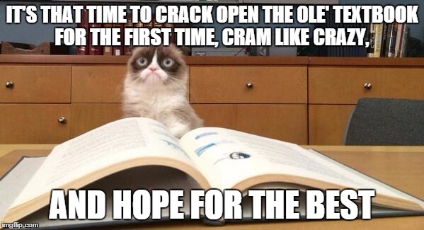 Students, It's That Time of the Semester! | IT'S THAT TIME TO CRACK OPEN THE OLE' TEXTBOOK FOR THE FIRST TIME, CRAM LIKE CRAZY, AND HOPE FOR THE BEST | image tagged in grumpy cat studying,funny,AdviceAnimals | made w/ Imgflip meme maker