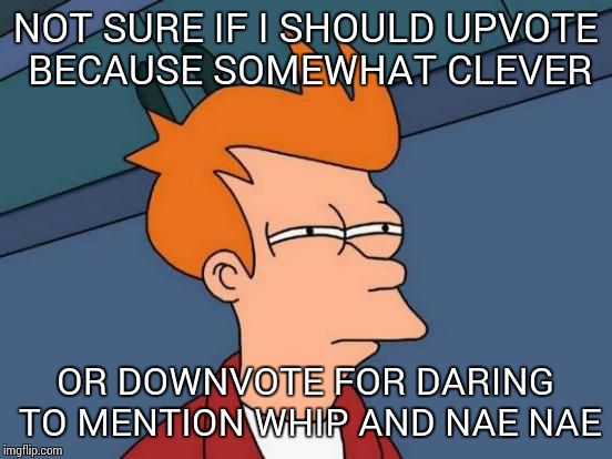 Futurama Fry Meme | NOT SURE IF I SHOULD UPVOTE BECAUSE SOMEWHAT CLEVER OR DOWNVOTE FOR DARING TO MENTION WHIP AND NAE NAE | image tagged in memes,futurama fry | made w/ Imgflip meme maker