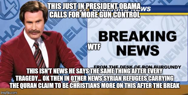 Ron Burgandy | THIS JUST IN PRESIDENT OBAMA CALLS FOR MORE GUN CONTROL THIS ISN'T NEWS HE SAYS THE SAME THING AFTER EVERY TRAGEDY... OK THEN IN OTHER NEWS  | image tagged in ron burgandy | made w/ Imgflip meme maker