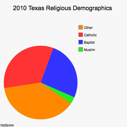 2010 Texas Religious Demographics | Muslim, Baptist, Catholic, Other | image tagged in funny,pie charts | made w/ Imgflip chart maker
