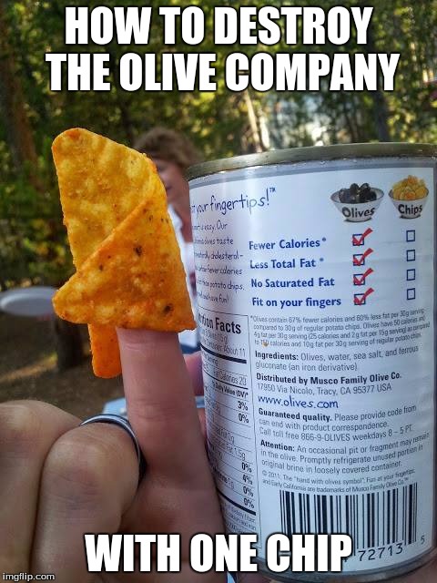 HOW TO DESTROY THE OLIVE COMPANY WITH ONE CHIP | image tagged in death of an olive company | made w/ Imgflip meme maker