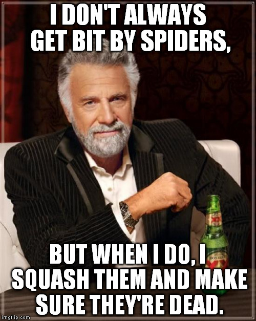 The Most Interesting Man In The World Meme | I DON'T ALWAYS GET BIT BY SPIDERS, BUT WHEN I DO, I SQUASH THEM AND MAKE SURE THEY'RE DEAD. | image tagged in memes,the most interesting man in the world | made w/ Imgflip meme maker