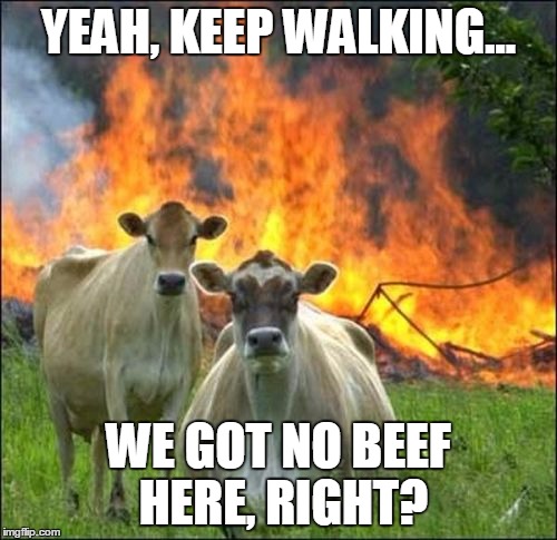 Evil Cows | YEAH, KEEP WALKING... WE GOT NO BEEF HERE, RIGHT? | image tagged in memes,evil cows | made w/ Imgflip meme maker