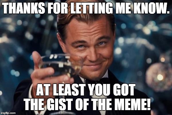 Leonardo Dicaprio Cheers Meme | THANKS FOR LETTING ME KNOW. AT LEAST YOU GOT THE GIST OF THE MEME! | image tagged in memes,leonardo dicaprio cheers | made w/ Imgflip meme maker