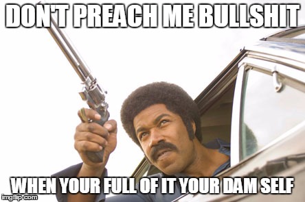 Black dynamite | DON'T PREACH ME BULLSHIT WHEN YOUR FULL OF IT YOUR DAM SELF | image tagged in black dynamite | made w/ Imgflip meme maker