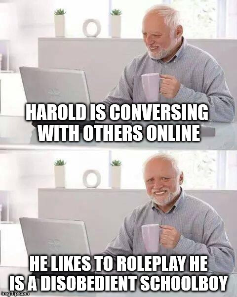 Hide the Pain Harold Meme | HAROLD IS CONVERSING WITH OTHERS ONLINE HE LIKES TO ROLEPLAY HE IS A DISOBEDIENT SCHOOLBOY | image tagged in hide the pain harold | made w/ Imgflip meme maker