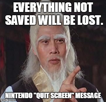 Wise Kung Fu Master | EVERYTHING NOT SAVED WILL BE LOST. NINTENDO "QUIT SCREEN" MESSAGE | image tagged in wise kung fu master | made w/ Imgflip meme maker