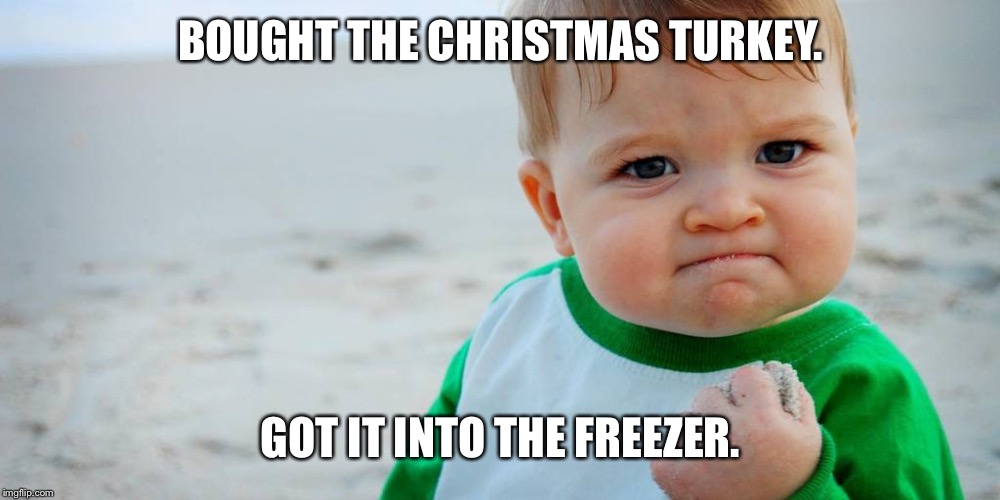 fist pump | BOUGHT THE CHRISTMAS TURKEY. GOT IT INTO THE FREEZER. | image tagged in fist pump | made w/ Imgflip meme maker