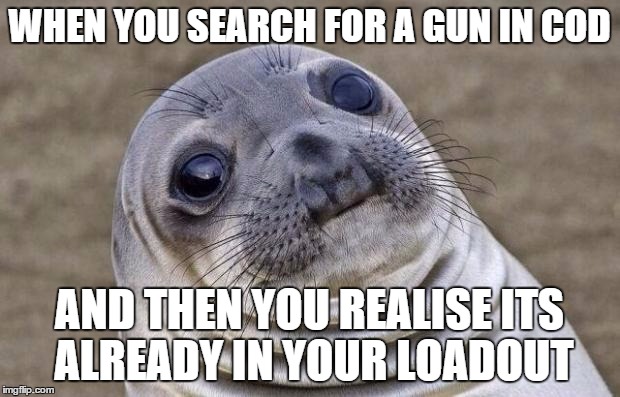 Awkward Moment Sealion | WHEN YOU SEARCH FOR A GUN IN COD AND THEN YOU REALISE ITS ALREADY IN YOUR LOADOUT | image tagged in memes,awkward moment sealion | made w/ Imgflip meme maker