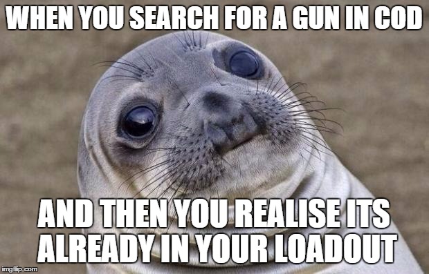 Awkward Moment Sealion Meme | WHEN YOU SEARCH FOR A GUN IN COD AND THEN YOU REALISE ITS ALREADY IN YOUR LOADOUT | image tagged in memes,awkward moment sealion | made w/ Imgflip meme maker