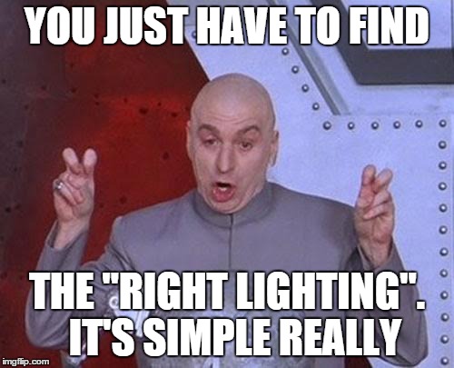 Dr Evil Laser Meme | YOU JUST HAVE TO FIND THE "RIGHT LIGHTING".  IT'S SIMPLE REALLY | image tagged in memes,dr evil laser | made w/ Imgflip meme maker