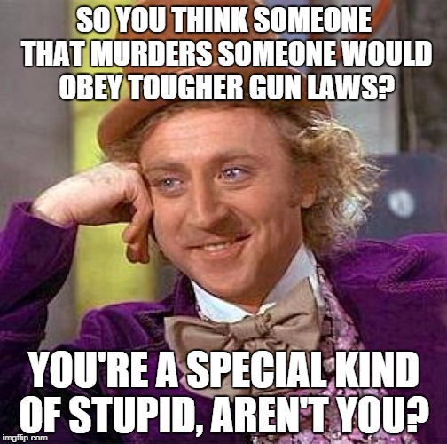 Creepy Condescending Wonka | SO YOU THINK SOMEONE THAT MURDERS SOMEONE WOULD OBEY TOUGHER GUN LAWS? YOU'RE A SPECIAL KIND OF STUPID, AREN'T YOU? | image tagged in memes,creepy condescending wonka | made w/ Imgflip meme maker
