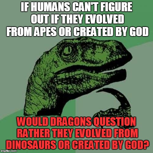 good question | IF HUMANS CAN'T FIGURE OUT IF THEY EVOLVED FROM APES OR CREATED BY GOD WOULD DRAGONS QUESTION RATHER THEY EVOLVED FROM DINOSAURS OR CREATED  | image tagged in memes,philosoraptor,evolution,humans,creation,dinosaurs | made w/ Imgflip meme maker