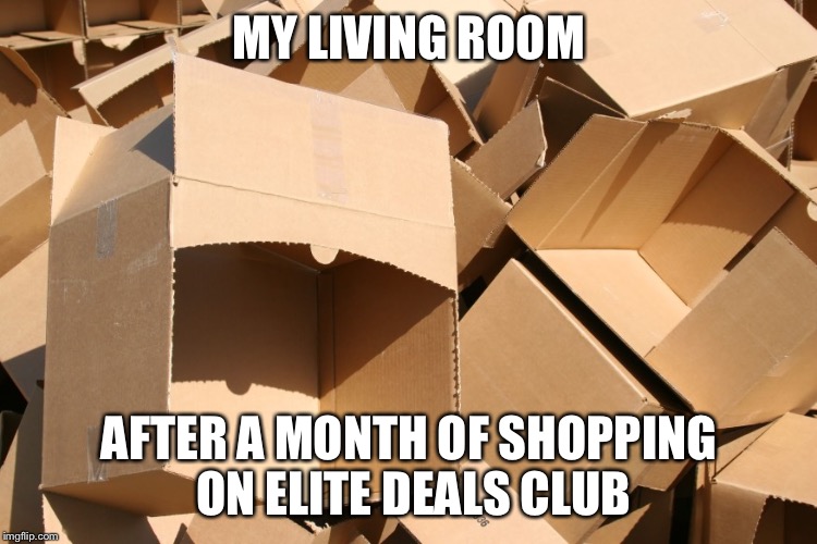 Boxes | MY LIVING ROOM AFTER A MONTH OF SHOPPING ON ELITE DEALS CLUB | image tagged in boxes | made w/ Imgflip meme maker