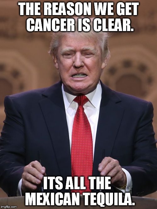 Donald Trump | THE REASON WE GET CANCER IS CLEAR. ITS ALL THE  MEXICAN TEQUILA. | image tagged in donald trump | made w/ Imgflip meme maker