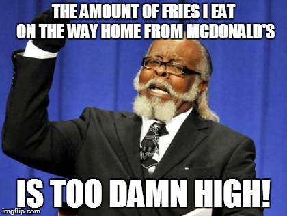 Too Damn High Meme | THE AMOUNT OF FRIES I EAT ON THE WAY HOME FROM MCDONALD'S IS TOO DAMN HIGH! | image tagged in memes,too damn high | made w/ Imgflip meme maker