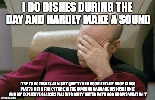 Captain Picard Facepalm | I DO DISHES DURING THE DAY AND HARDLY MAKE A SOUND I TRY TO DO DISHES AT NIGHT QUIETLY AND ACCIDENTALLY DROP GLASS PLATES, GET A FORK STUCK  | image tagged in memes,captain picard facepalm | made w/ Imgflip meme maker