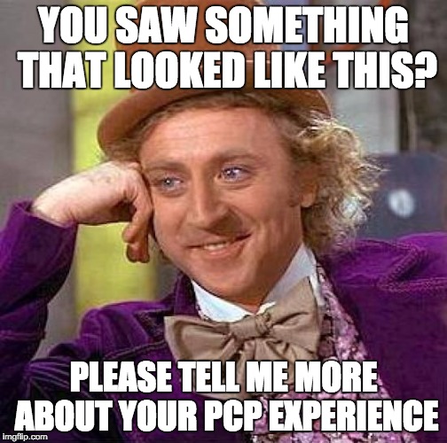 Creepy Condescending Wonka Meme | YOU SAW SOMETHING THAT LOOKED LIKE THIS? PLEASE TELL ME MORE ABOUT YOUR PCP EXPERIENCE | image tagged in memes,creepy condescending wonka | made w/ Imgflip meme maker