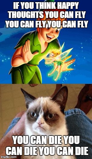 Grumpy Cat Does Not Believe | IF YOU THINK HAPPY THOUGHTS YOU CAN FLY YOU CAN FLY YOU CAN FLY YOU CAN DIE YOU CAN DIE YOU CAN DIE | image tagged in memes,grumpy cat does not believe | made w/ Imgflip meme maker