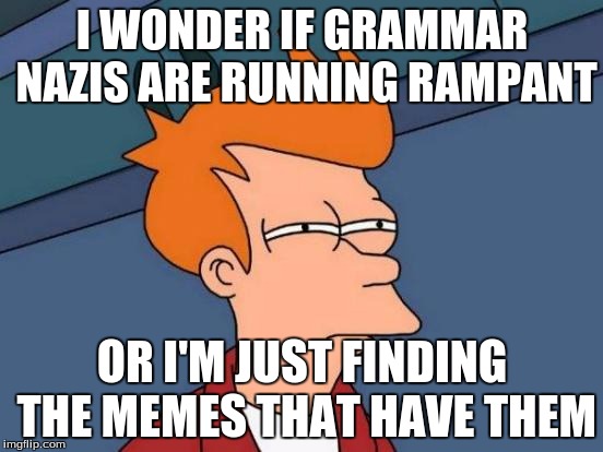 When I see Grammar Nazis on Imgflip. | I WONDER IF GRAMMAR NAZIS ARE RUNNING RAMPANT OR I'M JUST FINDING THE MEMES THAT HAVE THEM | image tagged in memes,futurama fry | made w/ Imgflip meme maker